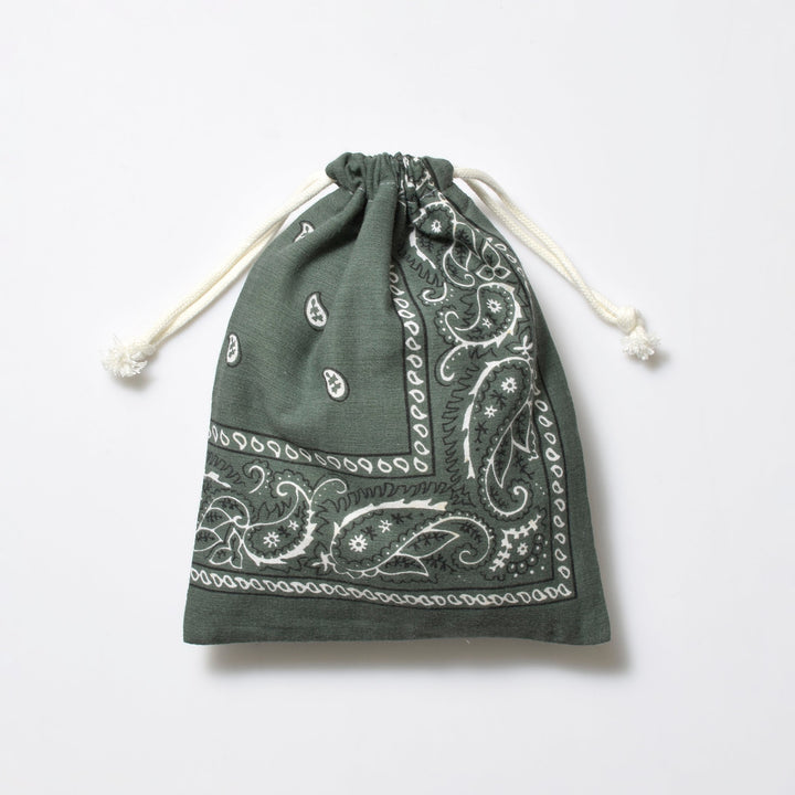 ヴィンテージバンダナ 巾着ポーチ Lサイズ（緑） / MINT Upcycled